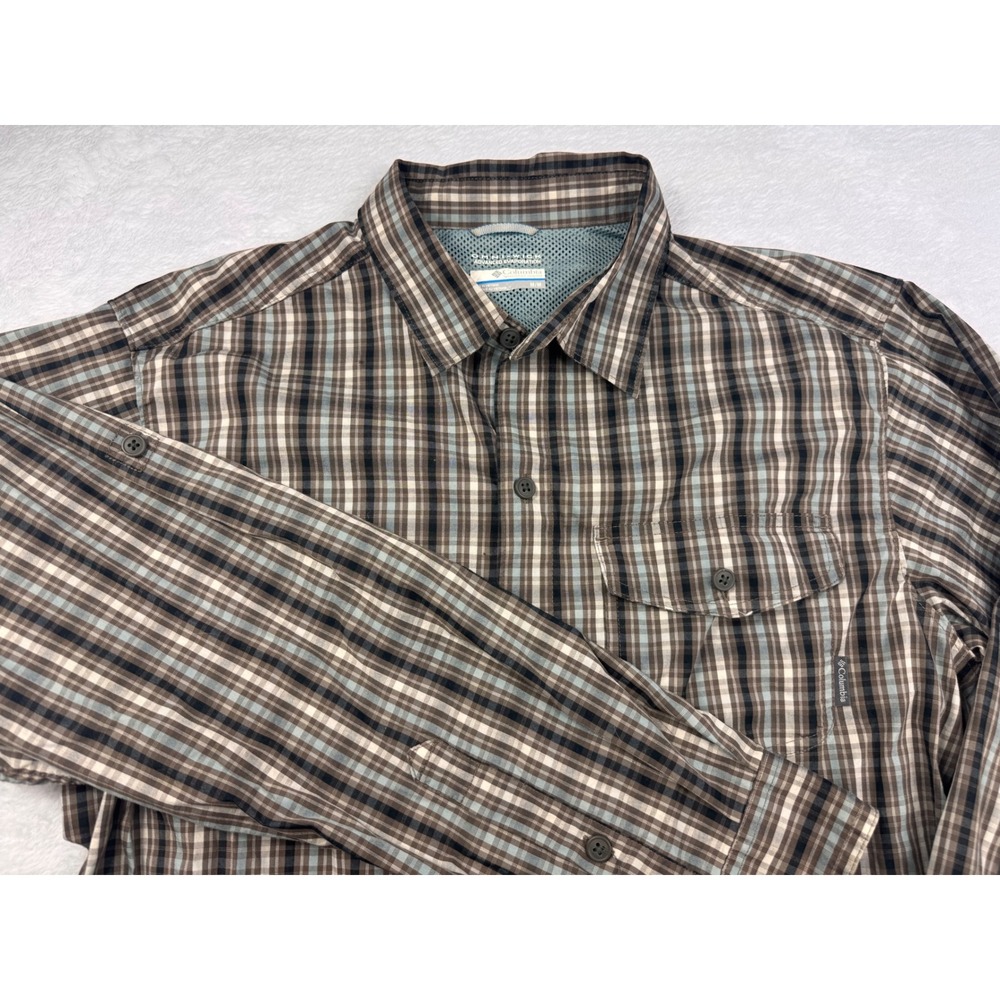 Columbia Omni-Wick Mens Medium Plaid Long Sleeve Hiking Button Up Shirt Brown